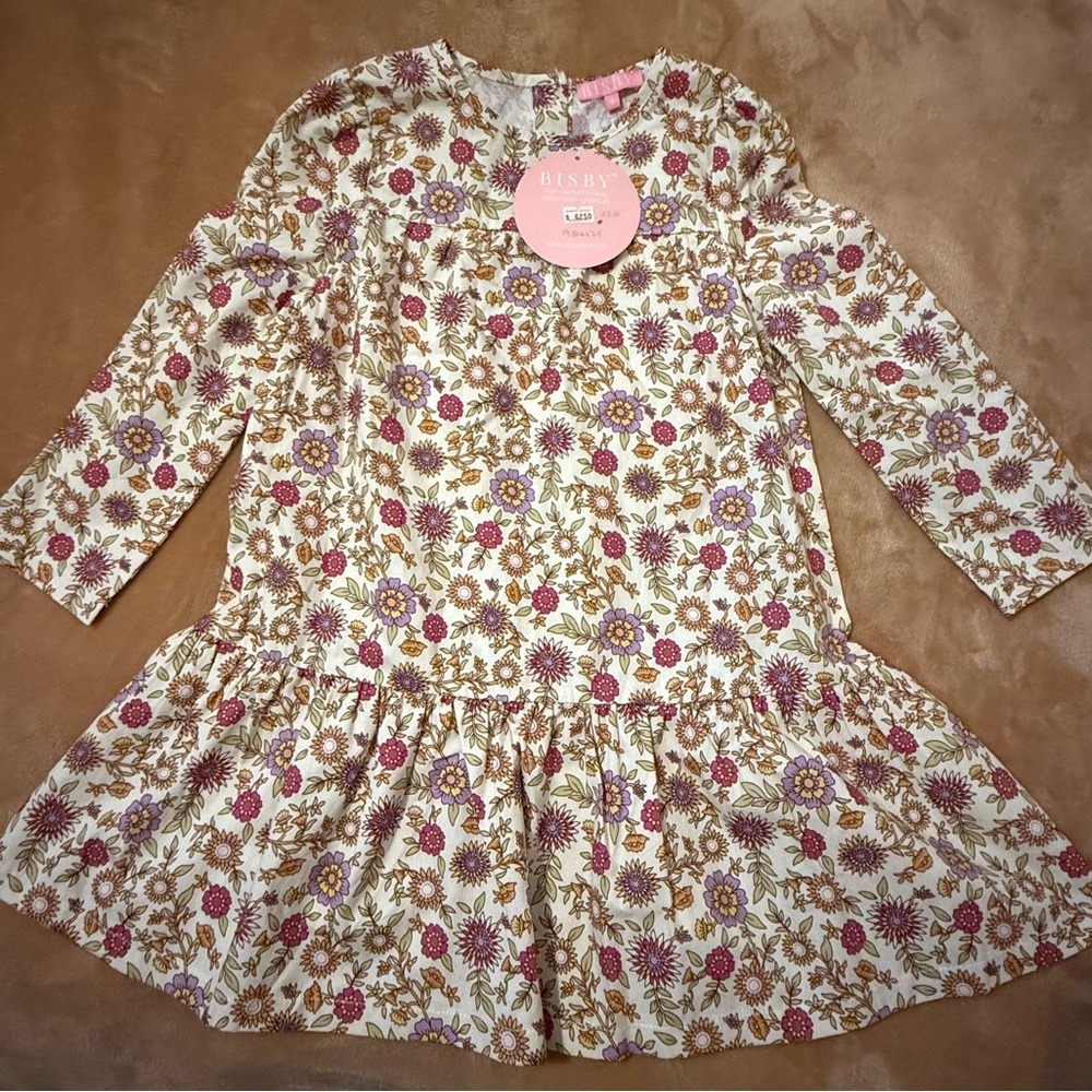 BISBY Girls Floral Long Sleeve Drop Waist Dress Cream Purple Mustard Size 5 NWT